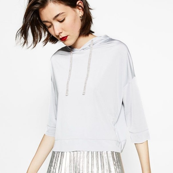 Zara Tops - NEW Zara Grey Glossy Cropped Hoodie Sweatshirt